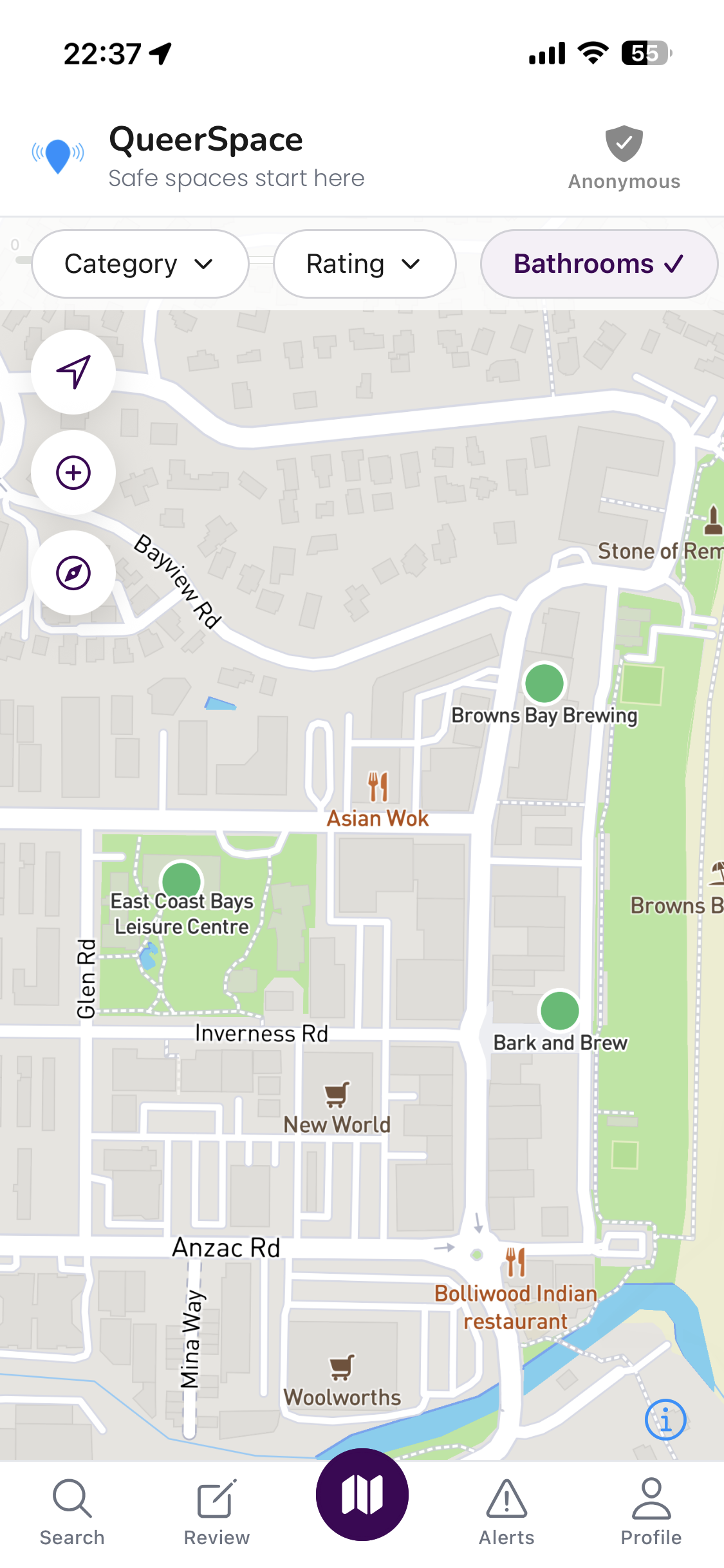 Bathroom safety filter showing gender-neutral bathroom locations
