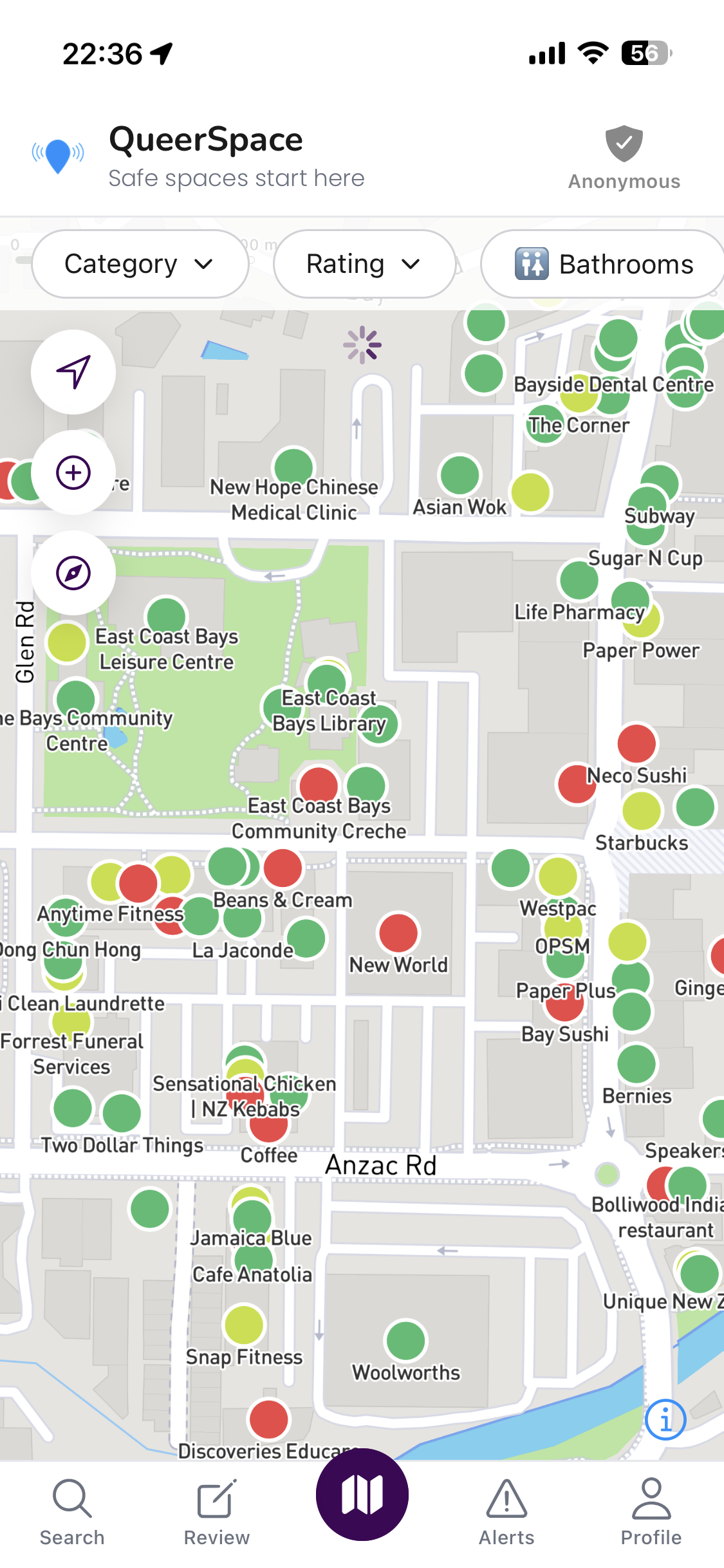 QueerSpace map showing colour-coded safety ratings across Browns Bay